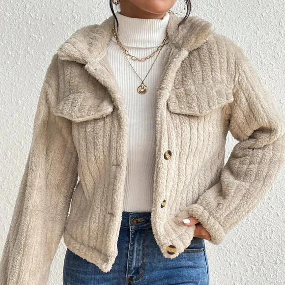 Apricot Casual Women's Flap Detail Fluffy Jacket - Picture 5 of 7